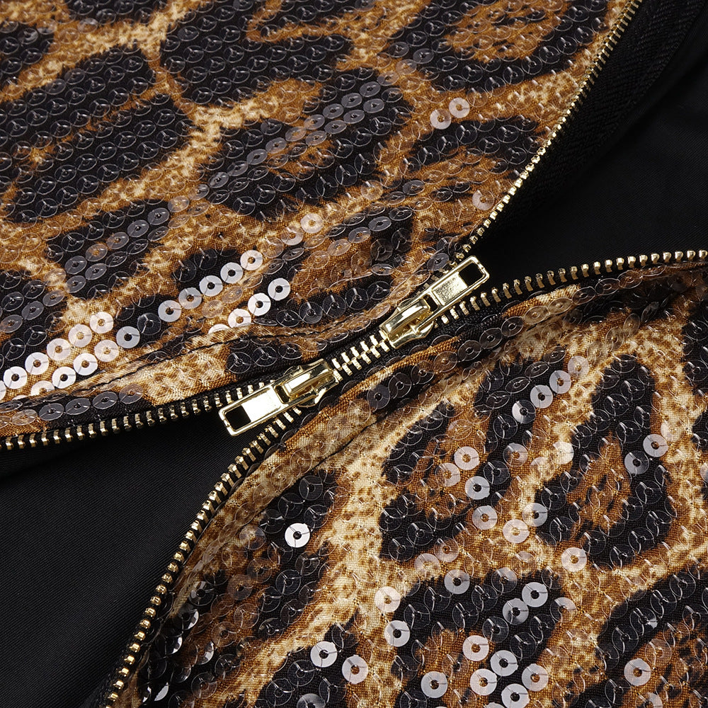 Jarrell Dazzling Leopard Sequin Maxi Gown with Dramatic Cape