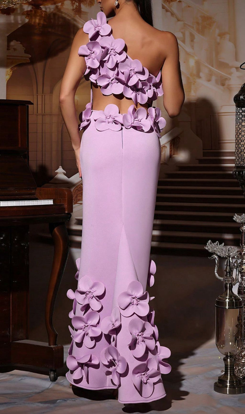 Enchanting Lavender One-Shoulder Floral Maxi Dress - 3D Appliques & High Slit