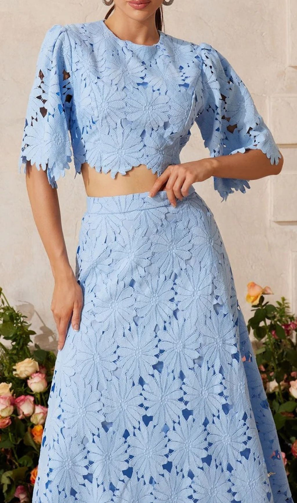 Zaelyth Elegant Floral Cut-Out Lace Skirt Set - Sky Blue Crop Top & Midi