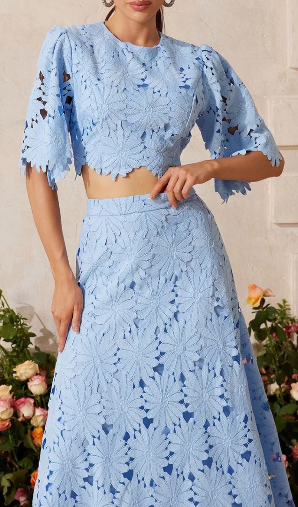 Zaelyth Elegant Floral Cut-Out Lace Skirt Set - Sky Blue Crop Top & Midi