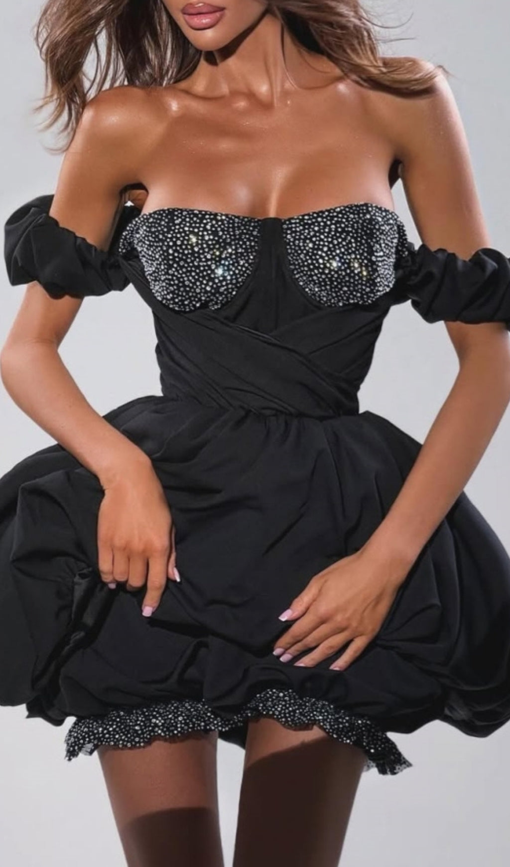 Delise Black Off-Shoulder Diamond Mini Dress