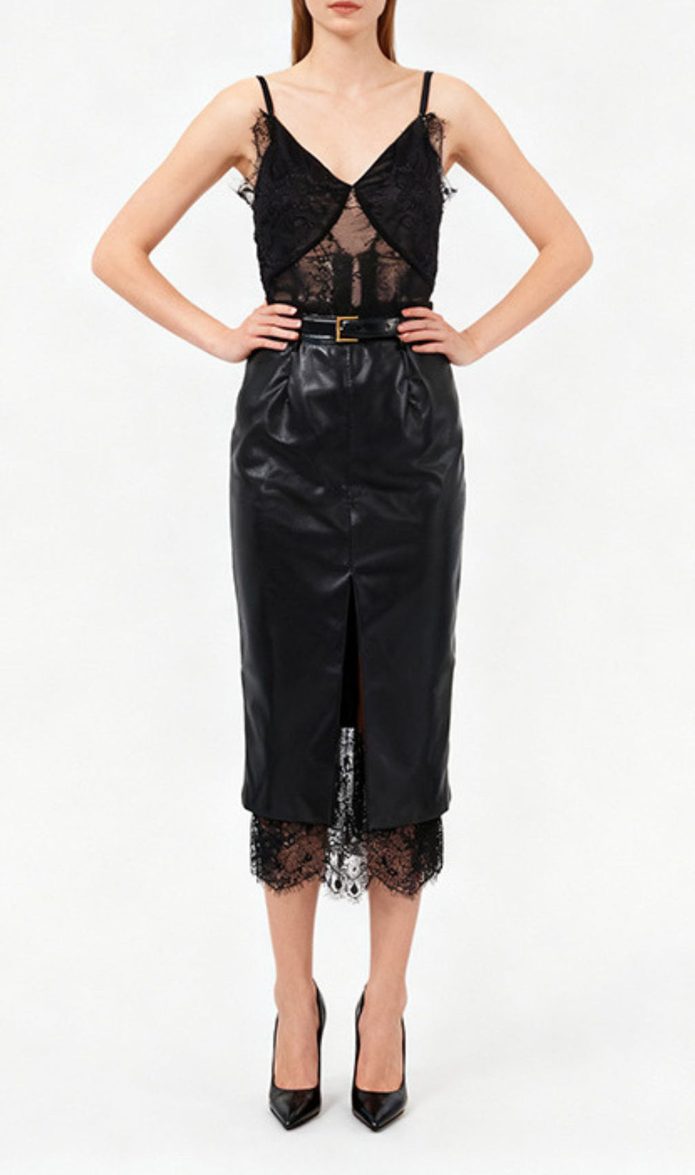 Ilta Black Lace & Vegan Leather Midi Dress | Chic Layered Look