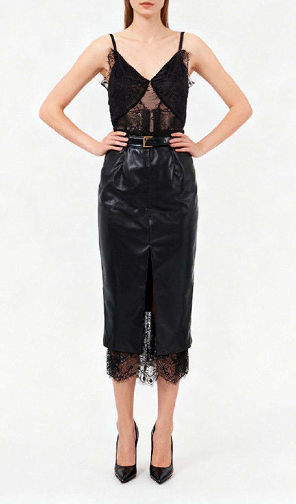 Ilta Black Lace & Vegan Leather Midi Dress | Chic Layered Look