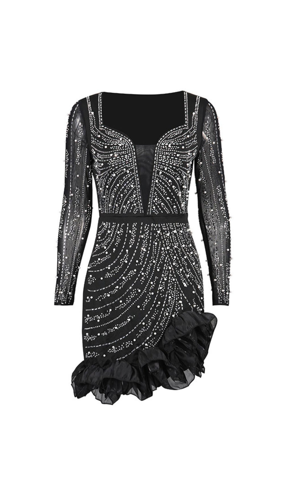 Hawkeye Dazzling Black Crystal & Pearl Beaded Long Sleeve Mini Dress