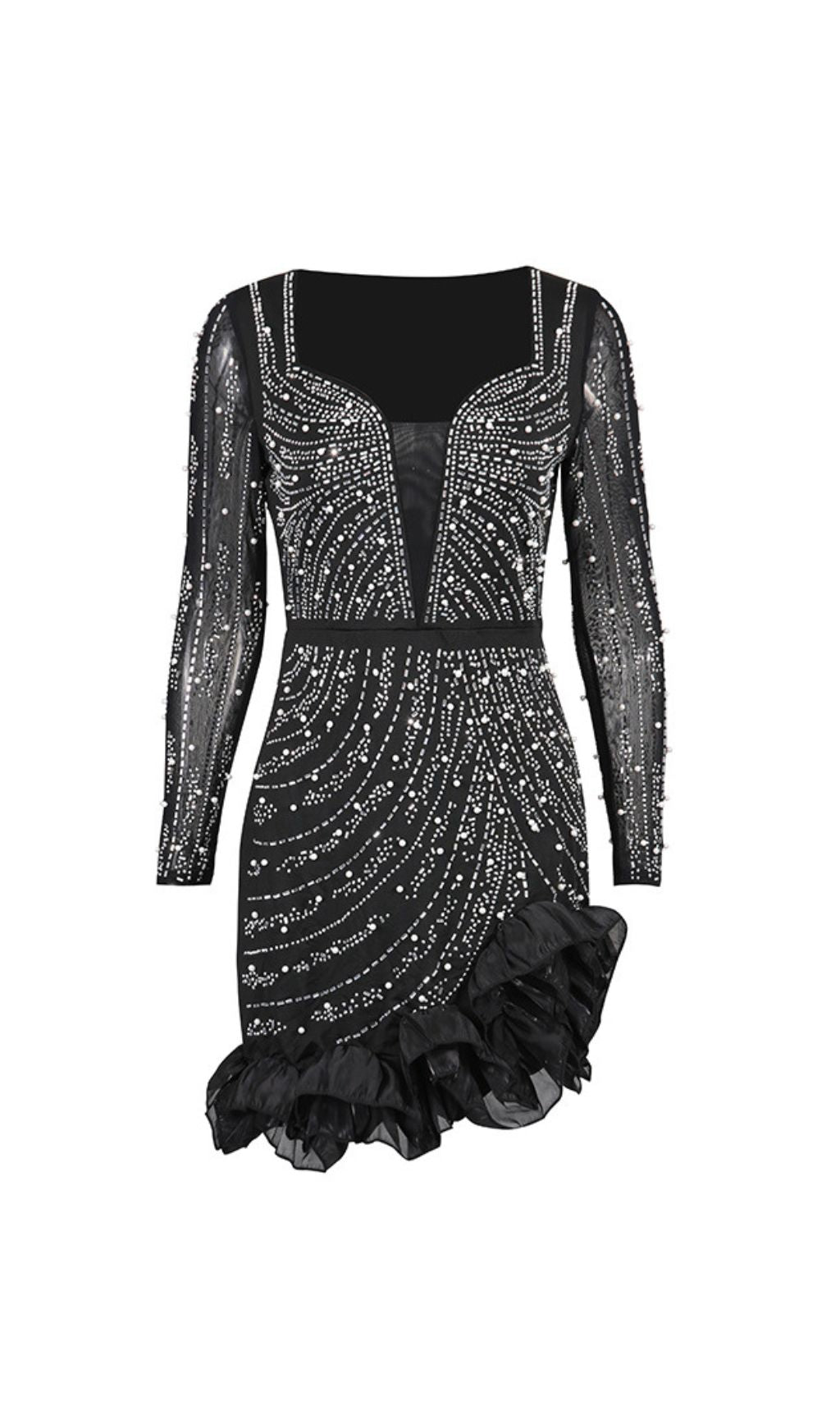 Hawkeye Dazzling Black Crystal & Pearl Beaded Long Sleeve Mini Dress