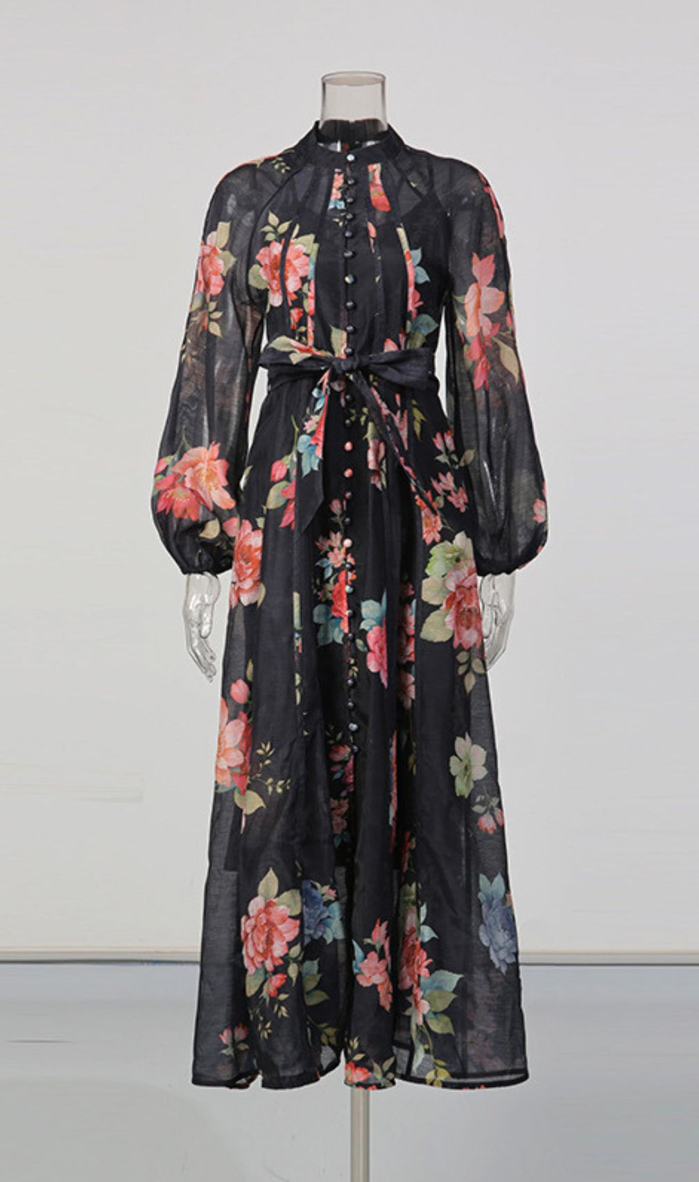 Jitka Black Floral Maxi Dress - Elegant Long Sleeve Button-Front Gown for Women