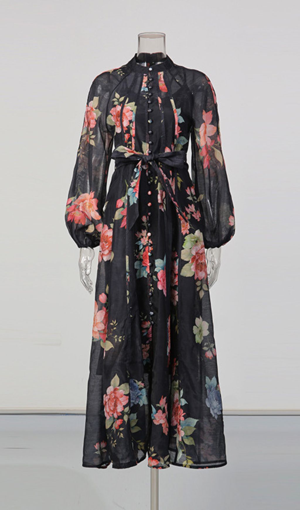 Jitka Black Floral Maxi Dress - Elegant Long Sleeve Button-Front Gown for Women