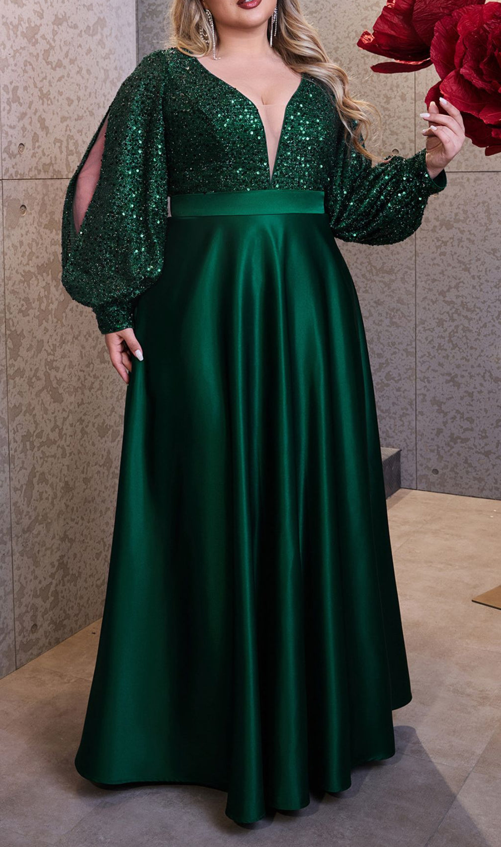 Hendrika Dazzling Emerald Green Sequin Plus Size Maxi Dress with Long Sleeves
