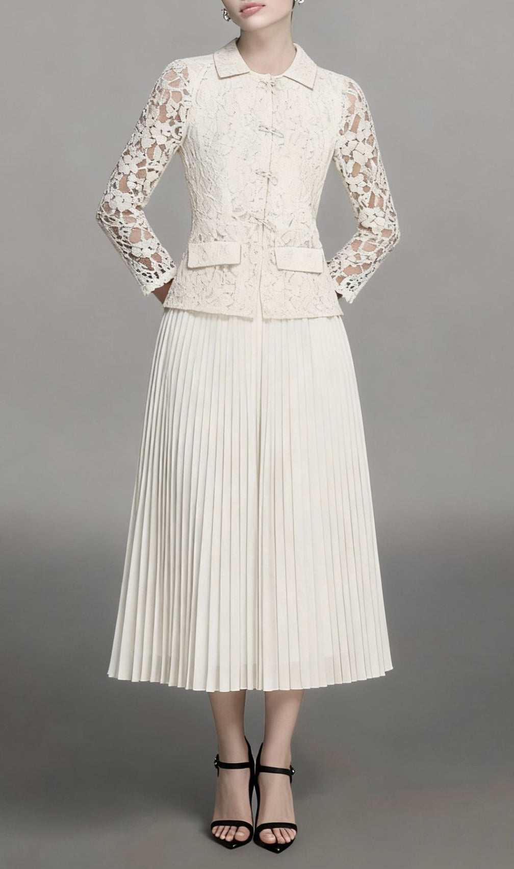 Izel Bow Lace Pleated Long Sleeve Midi Dress