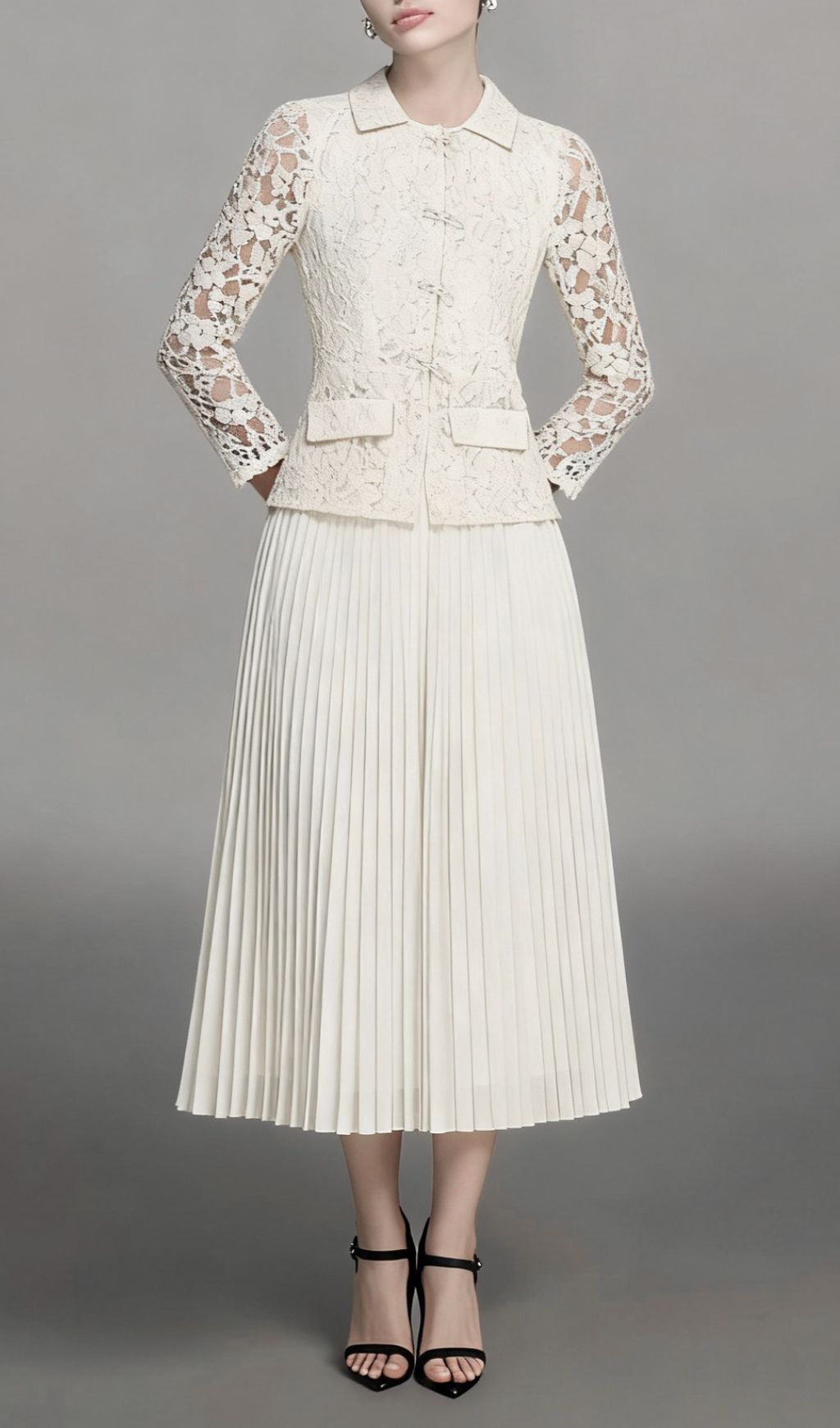 Izel Bow Lace Pleated Long Sleeve Midi Dress