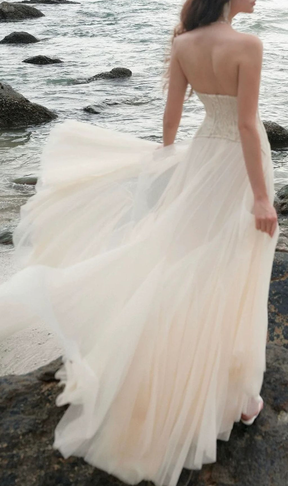 Finja Ethereal Apricot Strapless Corset Mesh Maxi Dress | Romantic Goddess Gown