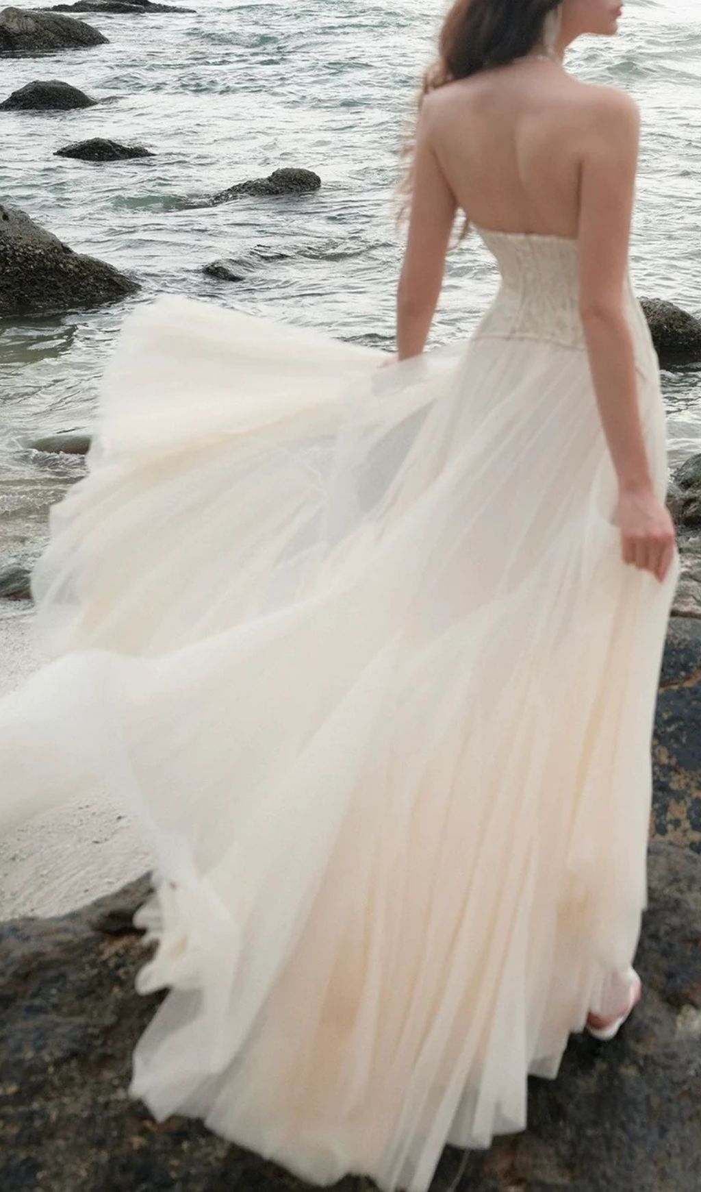 Finja Ethereal Apricot Strapless Corset Mesh Maxi Dress | Romantic Goddess Gown