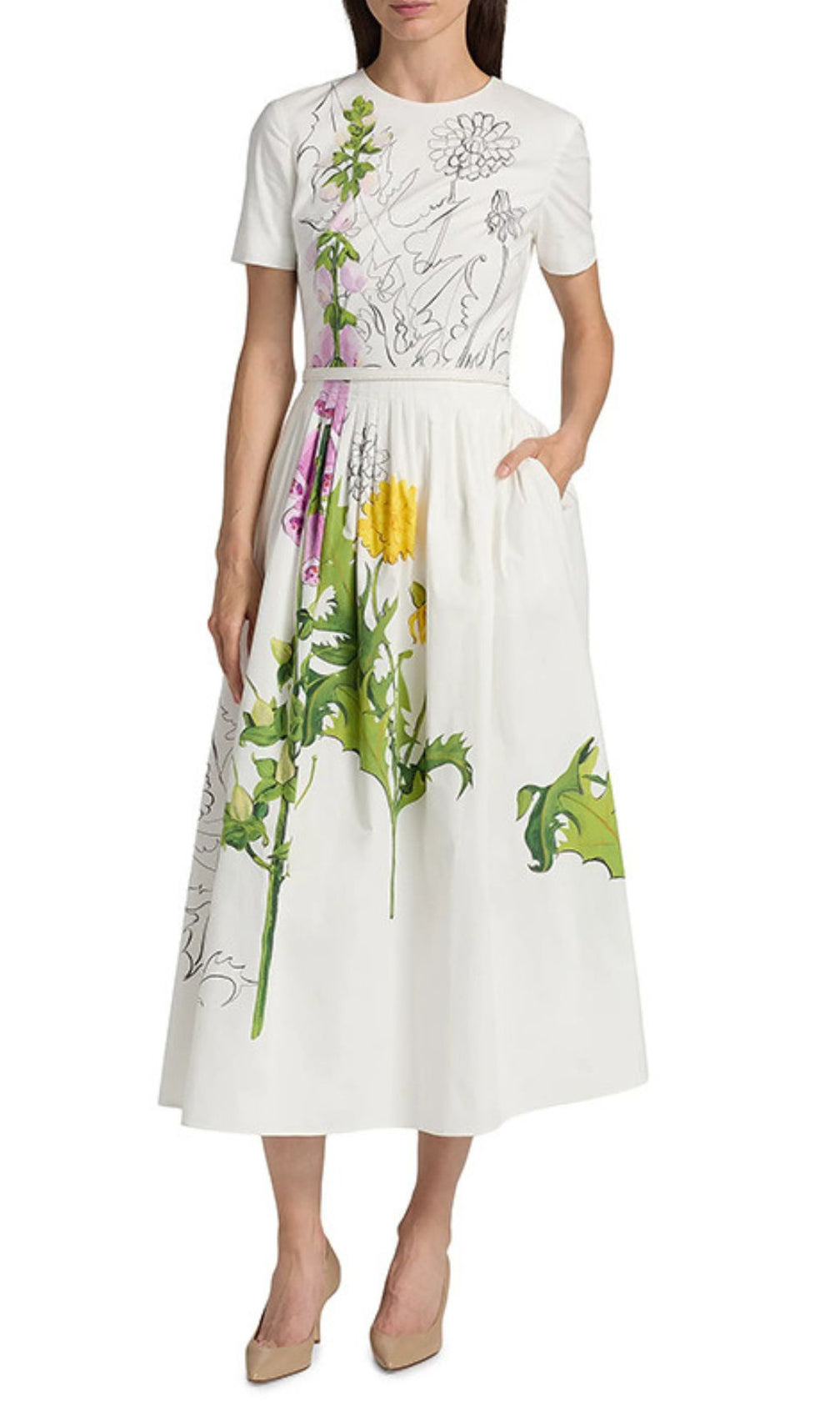Issac White Artistic Floral Midi Dress | Botanical Sketch & Pockets
