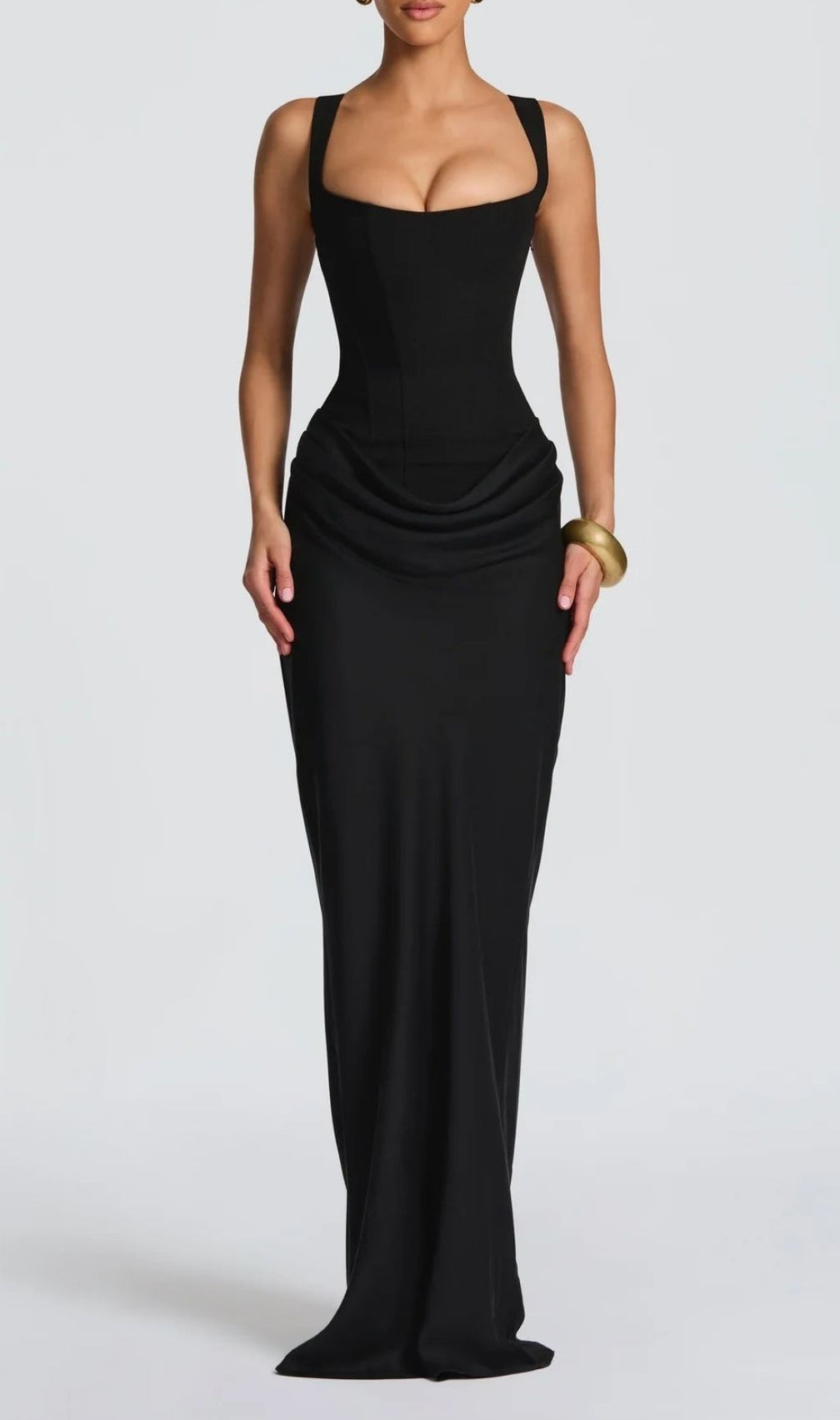 Keelia Elegant Black Corset Maxi Dress - Figure-Flattering Ruched Strappy Gown