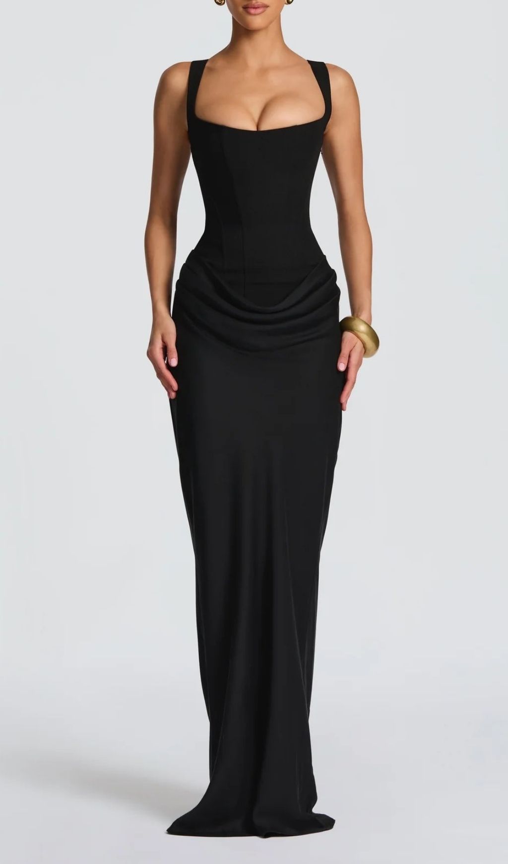 Keelia Elegant Black Corset Maxi Dress - Figure-Flattering Ruched Strappy Gown
