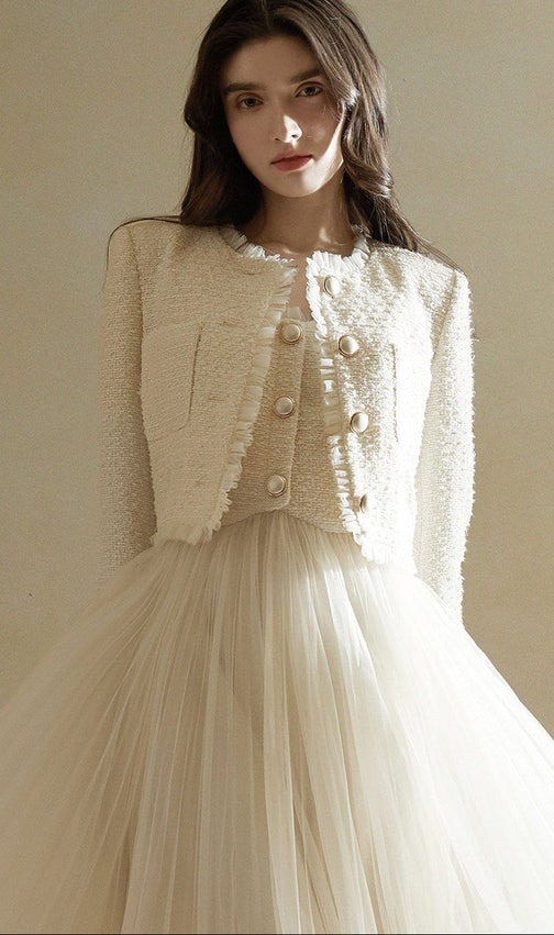 Soft Cream Textured Tweed Cropped Blazer with Ruffle Trim and Pearl Buttons