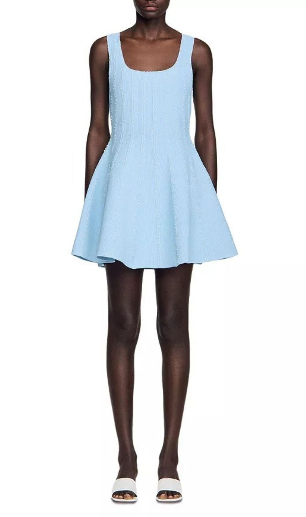 Effortless Chic: Light Blue Pointelle Knit Mini Dress – Scoop Neck & Flared Skirt