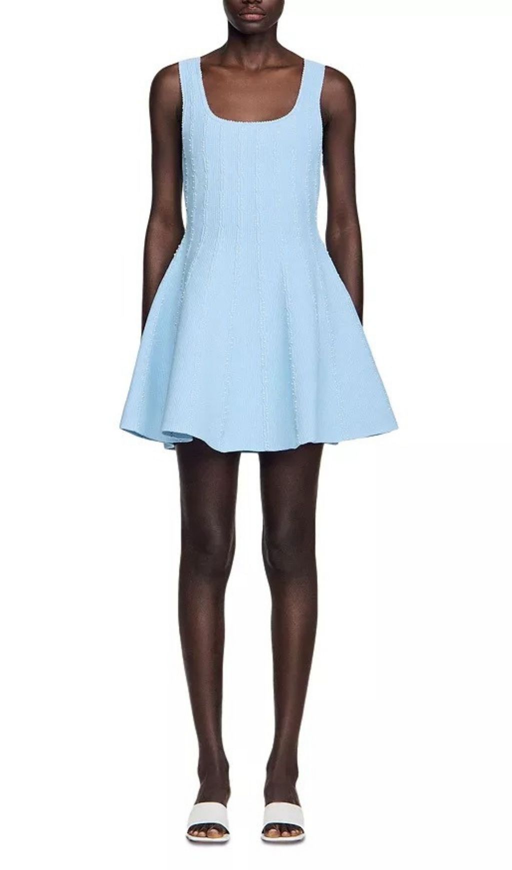 Effortless Chic: Light Blue Pointelle Knit Mini Dress – Scoop Neck & Flared Skirt