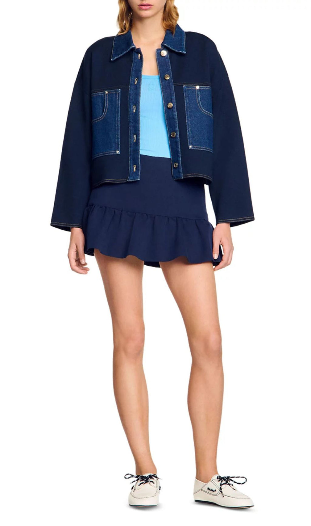 Chic Two-Tone Denim & Knit Blend Cardigan Jacket for Women