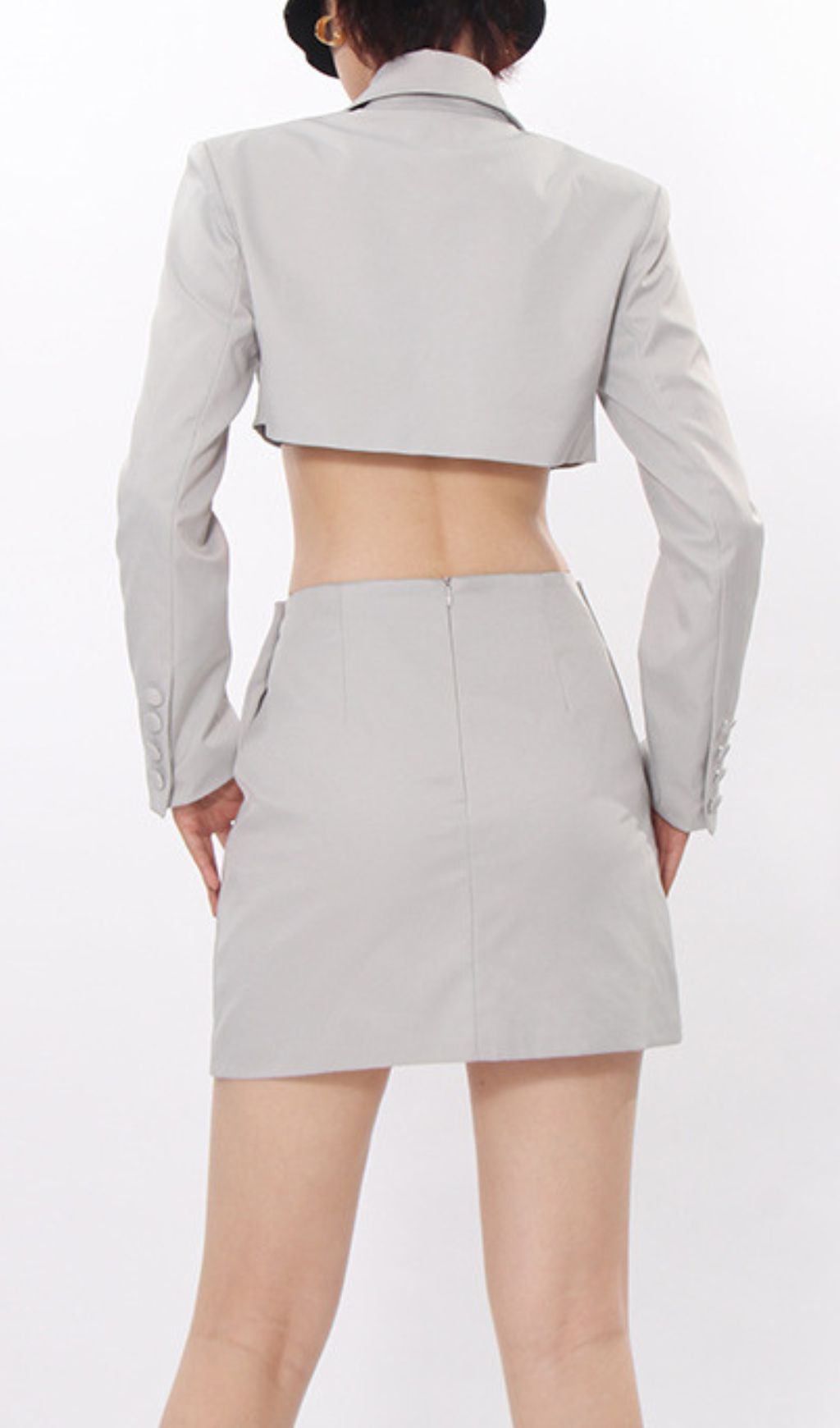 Idriya Chic Grey Cropped Blazer & Mini Skirt Set with Gold Floral Buttons