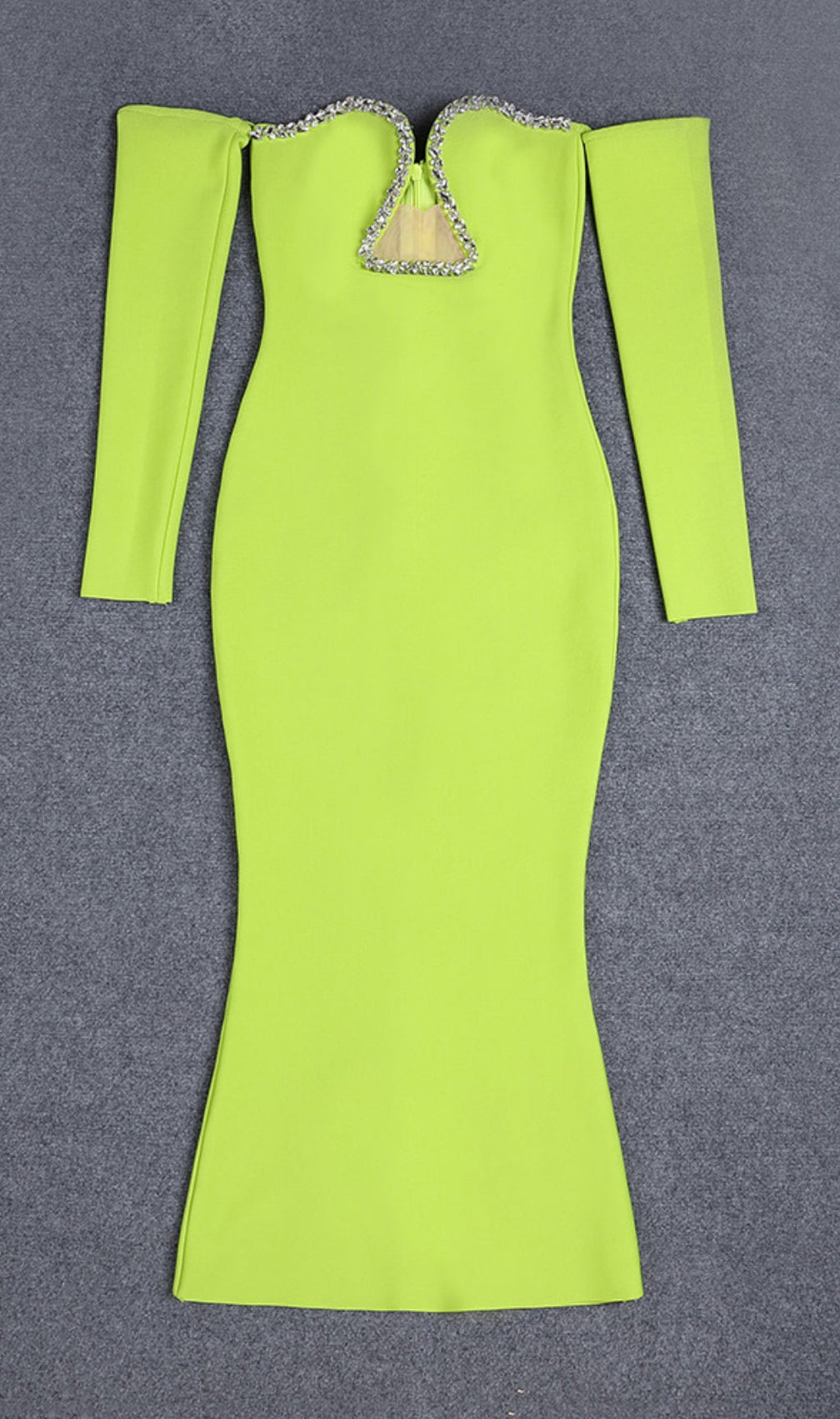 Green V-Neck Off-Shoulder Long-Sleeved Mesh Diamond Bandage Dress