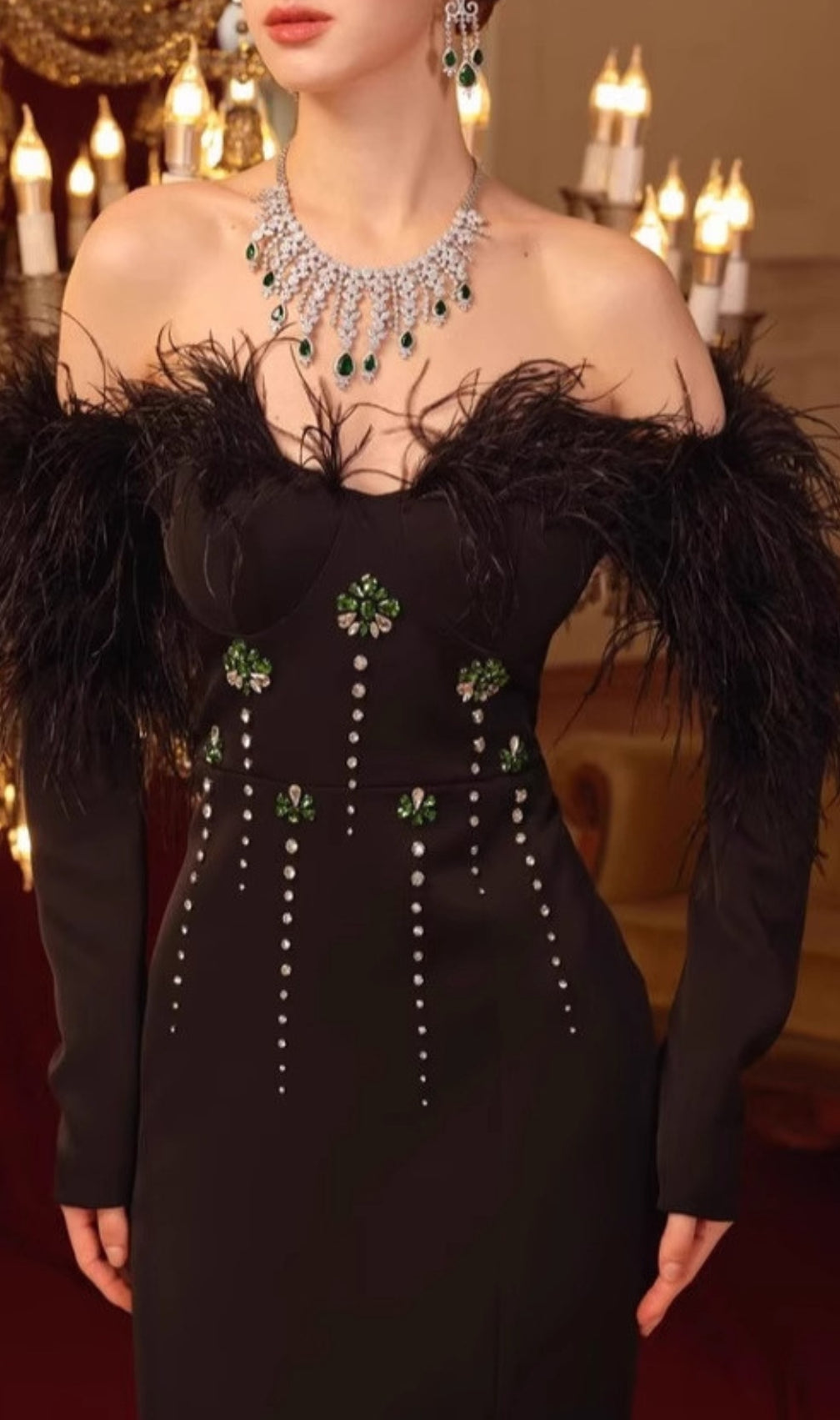 Chaya Black Feather Long Sleeve Maxi Dress