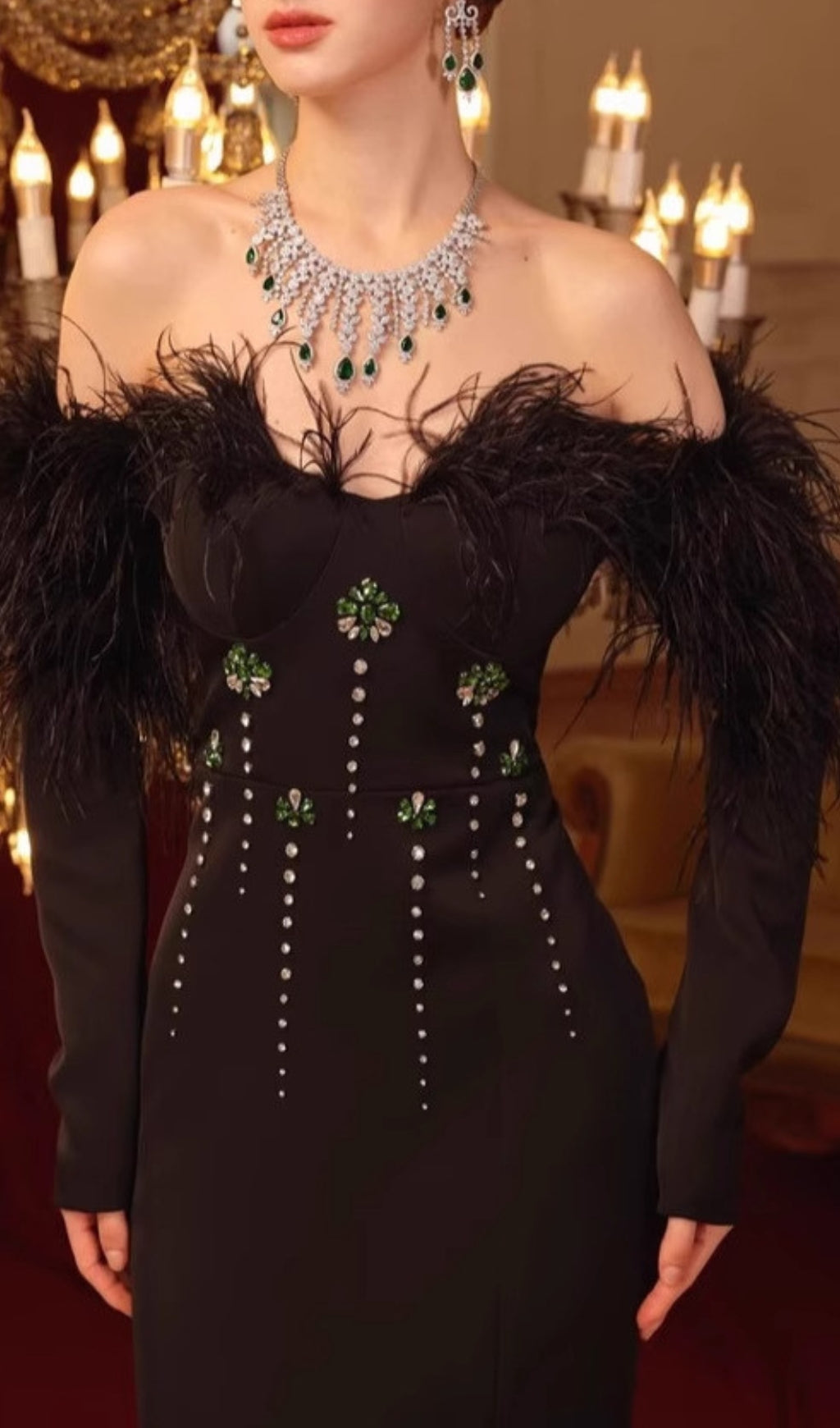 Chaya Black Feather Long Sleeve Maxi Dress