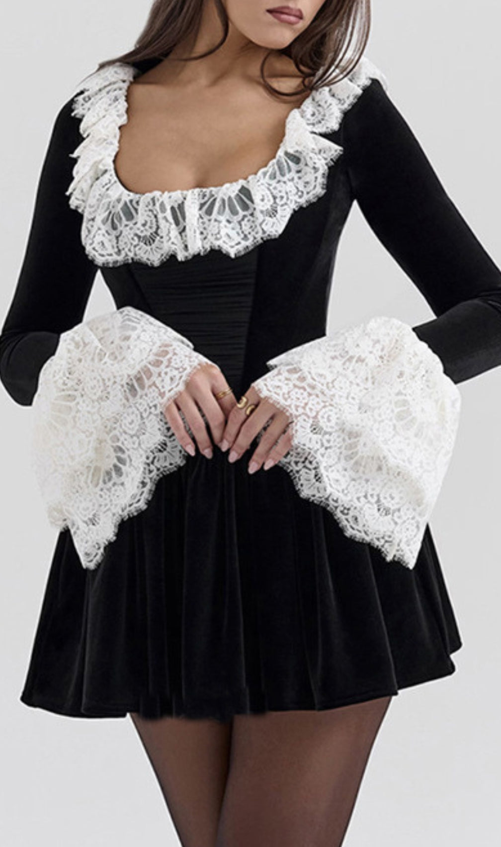 Coy Black Long Sleeve Lace Velvet Mini Dress