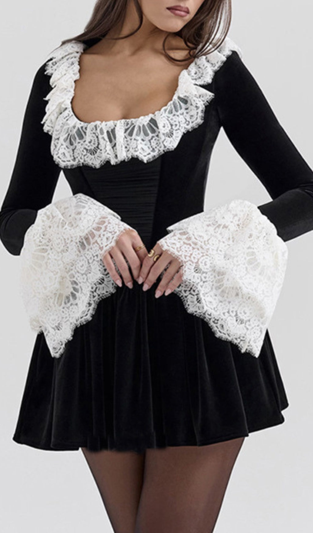 Coy Black Long Sleeve Lace Velvet Mini Dress