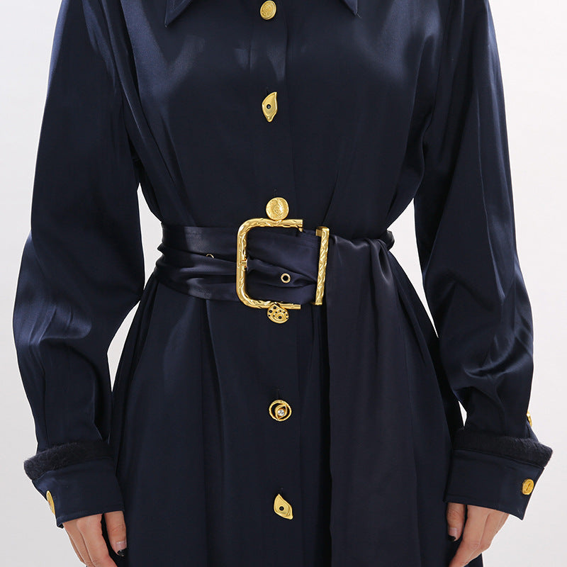 Josette Elegant Navy Maxi Dress | Gold Button & Belted Long Sleeve Gown
