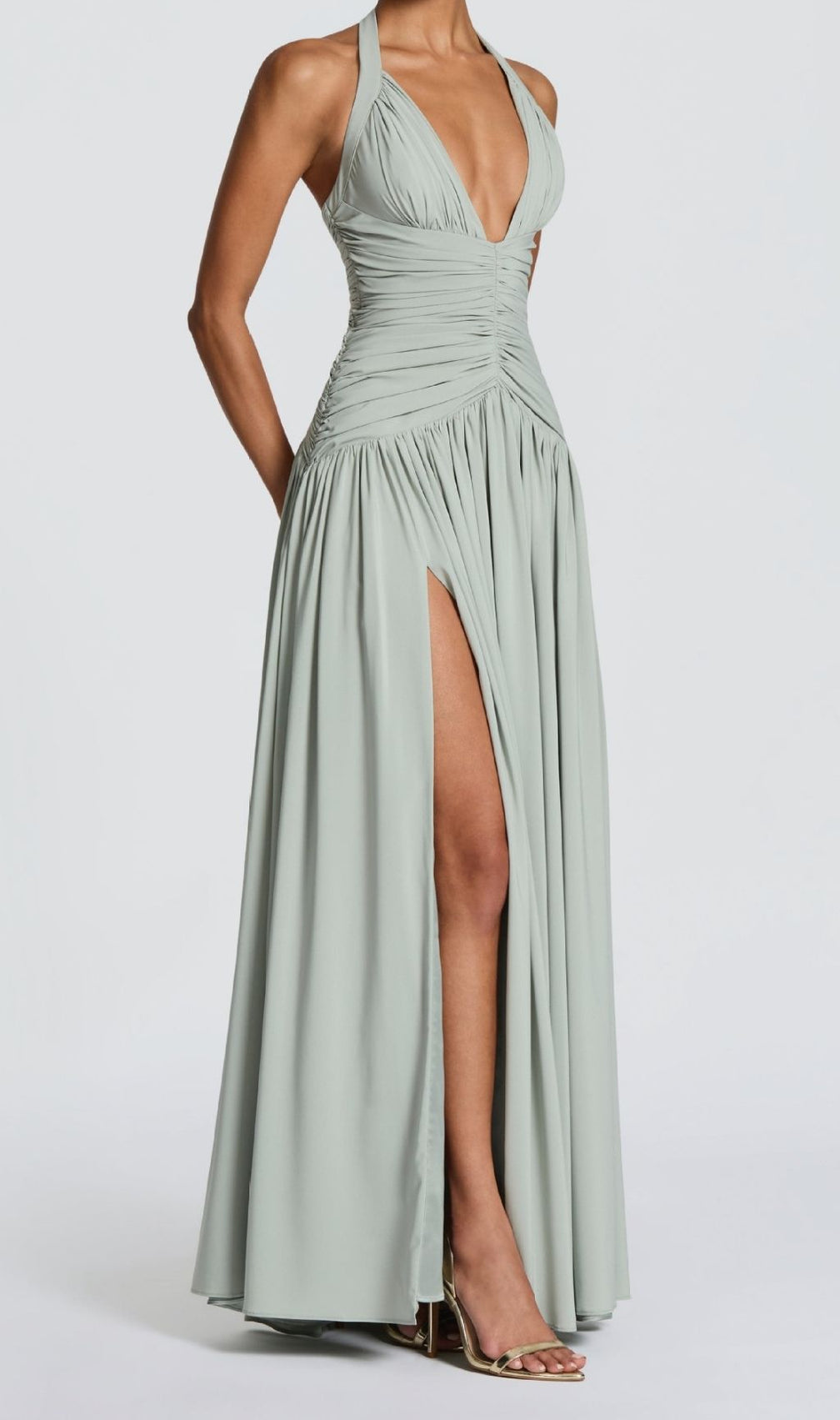 Kelley Celadon Halter Maxi Dress - Elegant Ruched Gown with High Slit