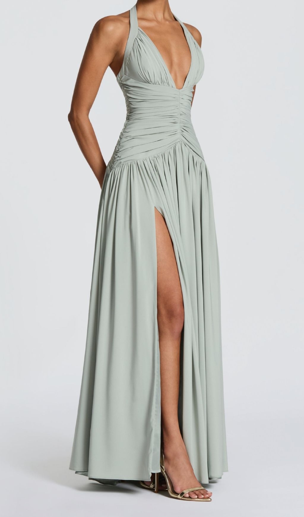 Kelley Celadon Halter Maxi Dress - Elegant Ruched Gown with High Slit