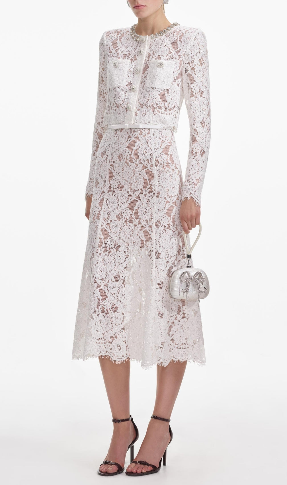 White Lace Embellished Top & Midi Skirt