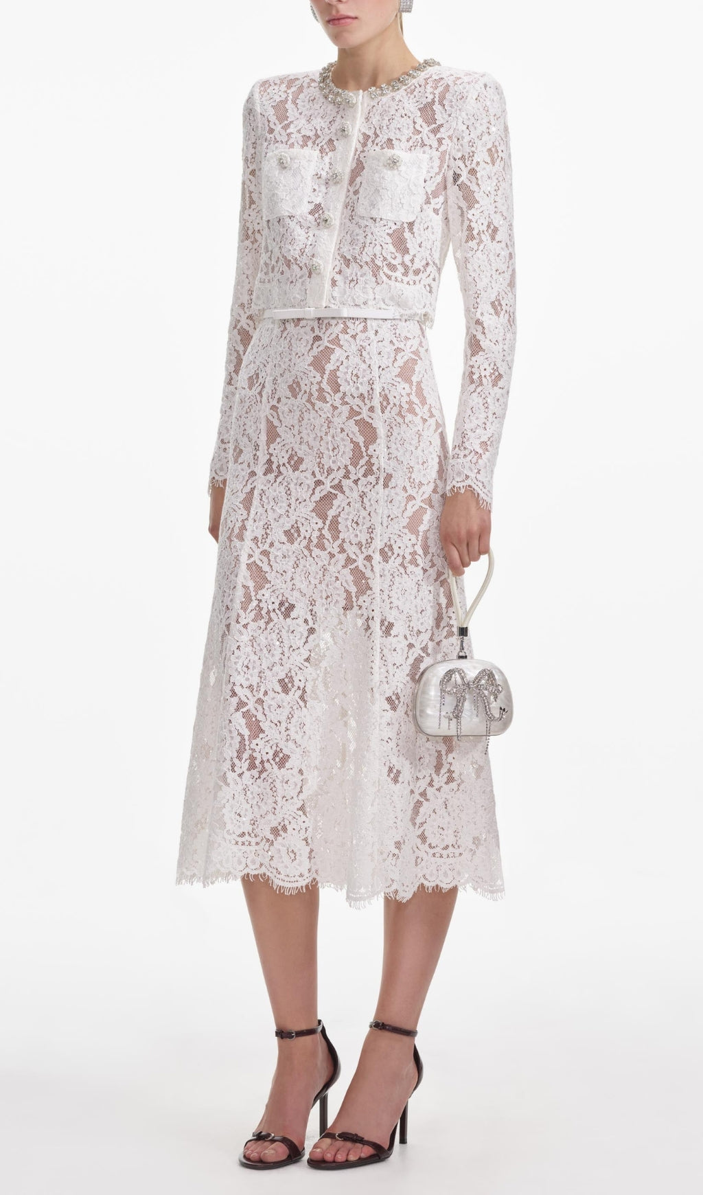 White Lace Embellished Top & Midi Skirt