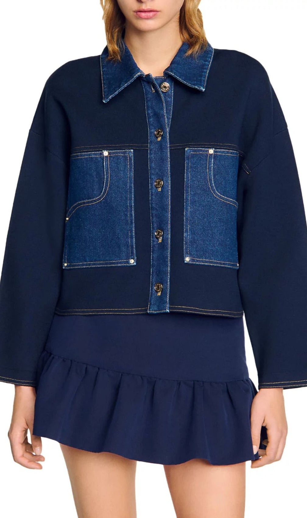 Chic Two-Tone Denim & Knit Blend Cardigan Jacket for Women