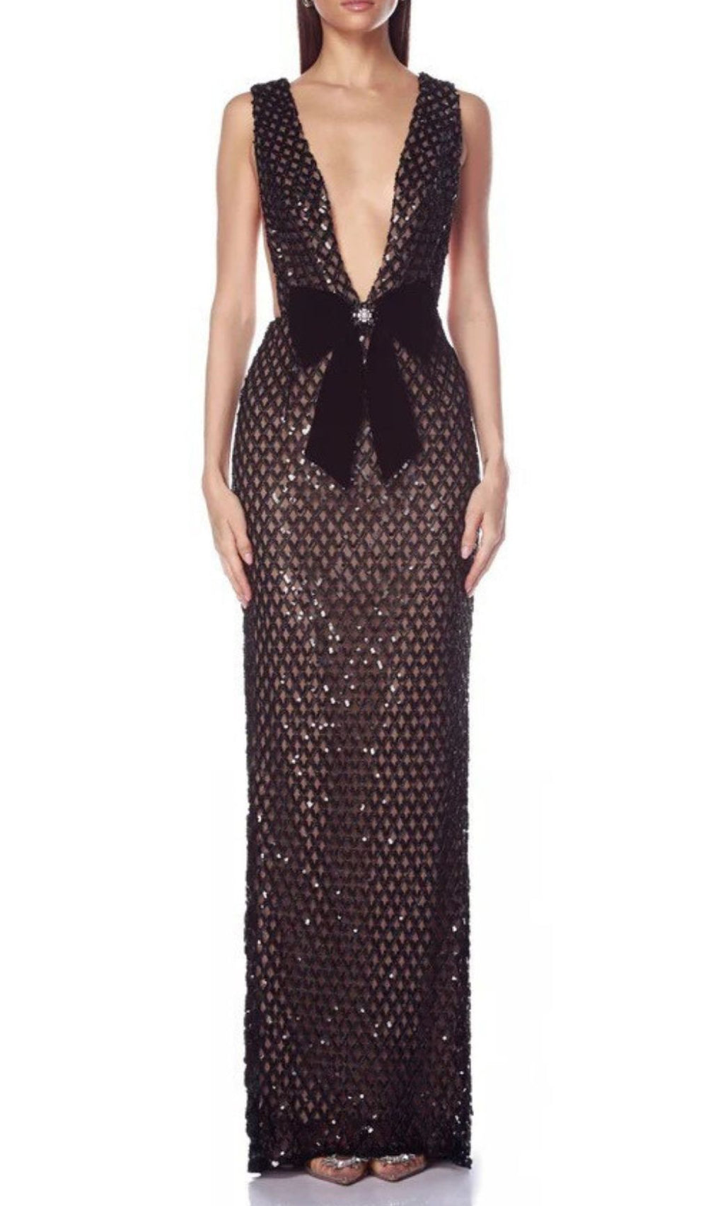 Jocelin Dazzling Sequin Maxi Gown with Statement Satin Bow