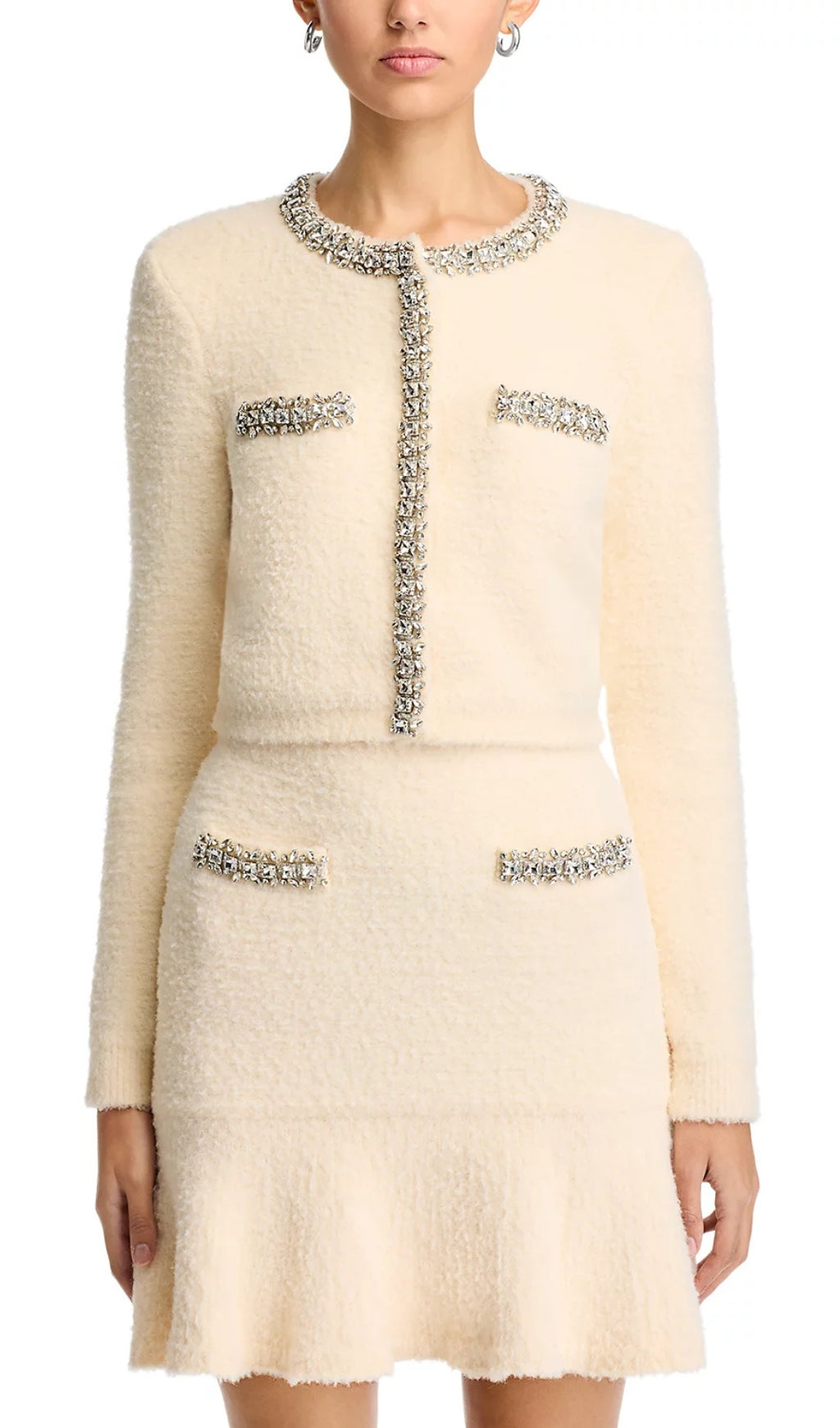 Cream Rhinestone Trim Knit Cardigan