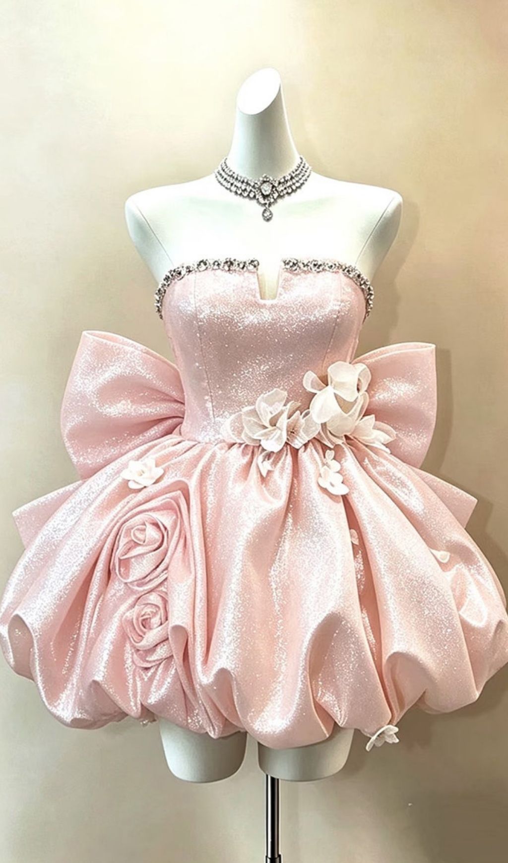 Krishika Pink Strapless Flower Bow Mini Dress
