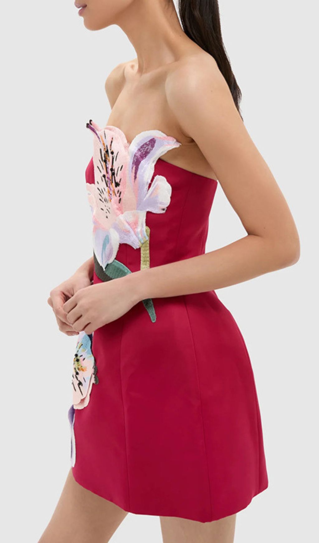 Vibrant Huy Rose Red Strapless Mini Dress | Exquisite 3D Floral Appliqués
