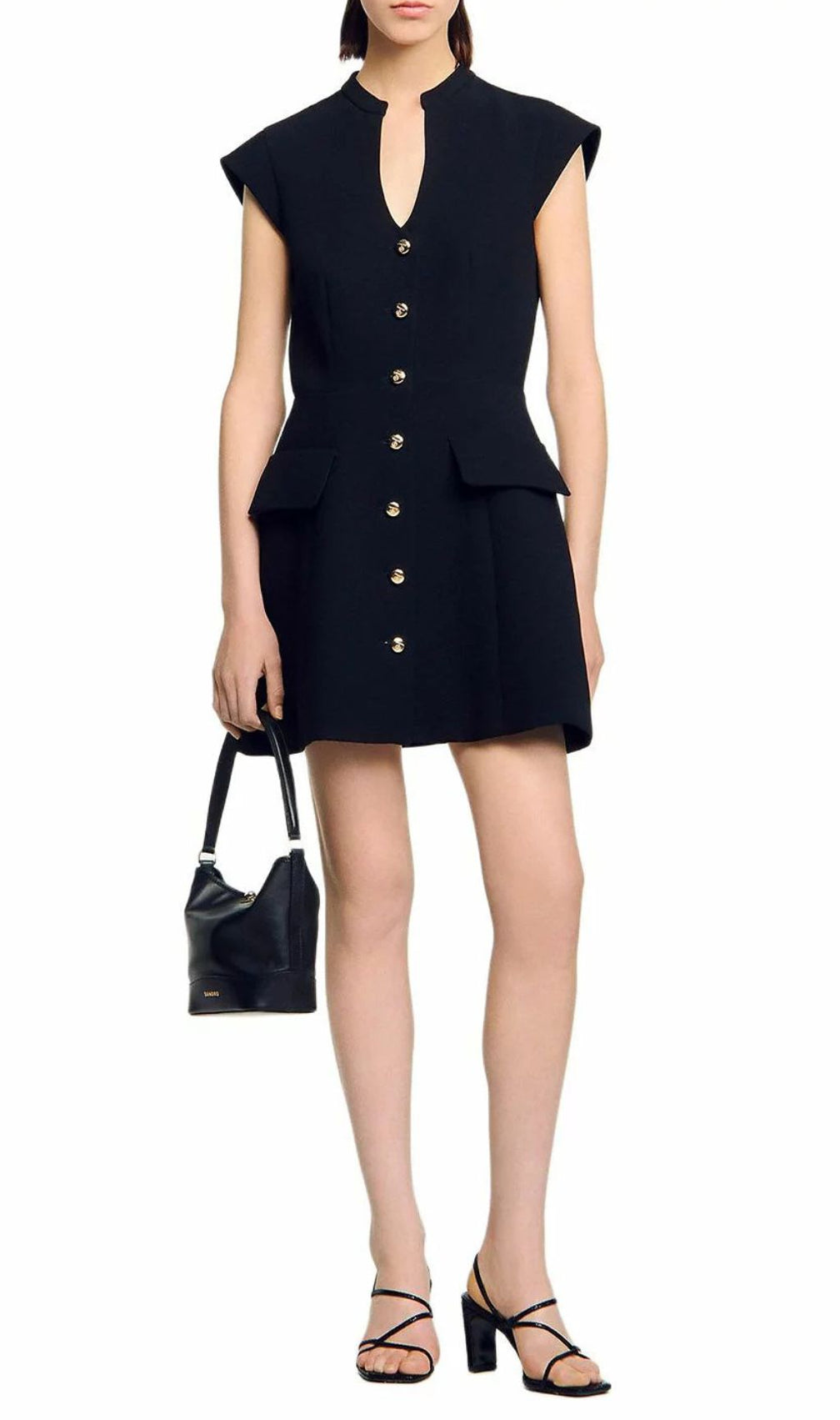 Jordon Chic Black Mini Dress | Button-Front with Gold Accents & Cap Sleeves
