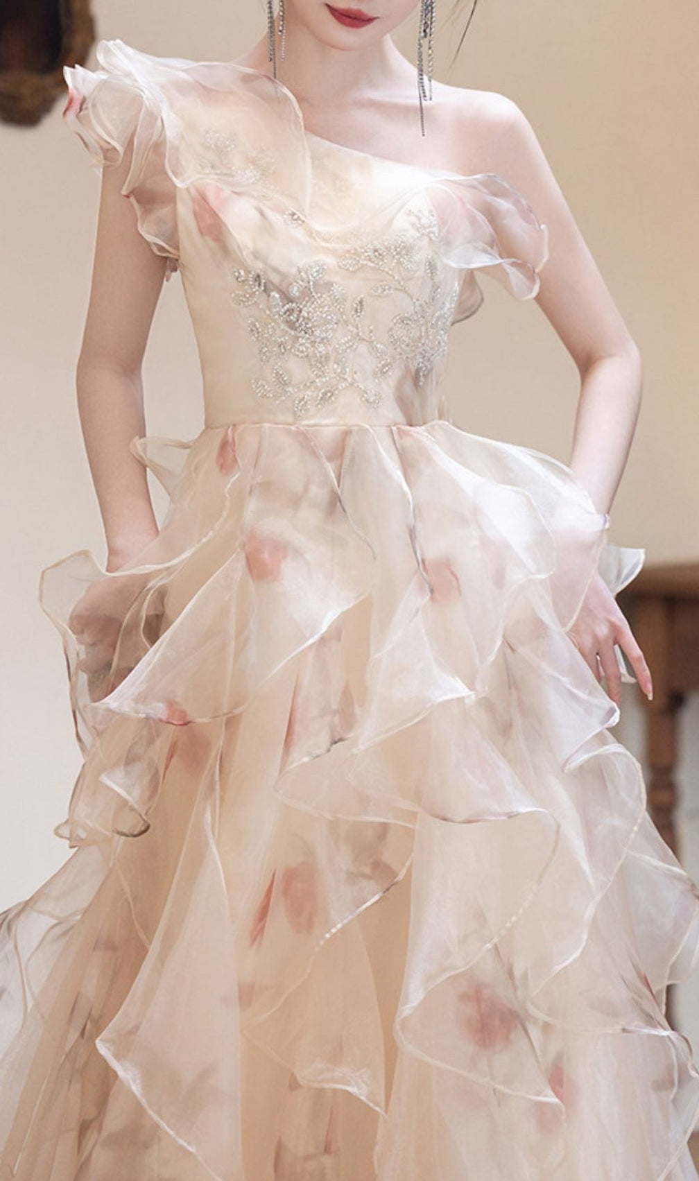 Keelty Opulent One-Shoulder Ruffle Maxi Gown - Enchanting Floral Elegance