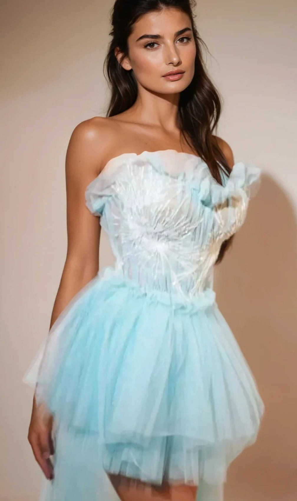 Kalene Strapless Ruffle Tulle Dress In Blue