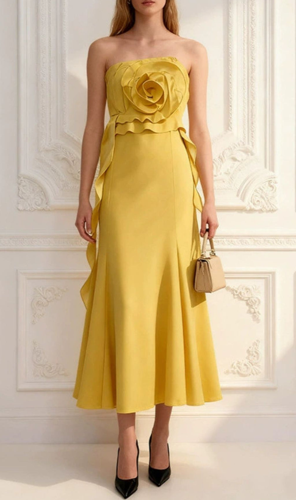 Inga Elegant Strapless 3D Flower Midi Dress - Vibrant Yellow for Summer & Parties