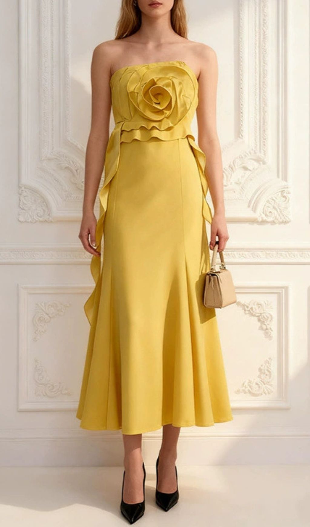 Inga Elegant Strapless 3D Flower Midi Dress - Vibrant Yellow for Summer & Parties