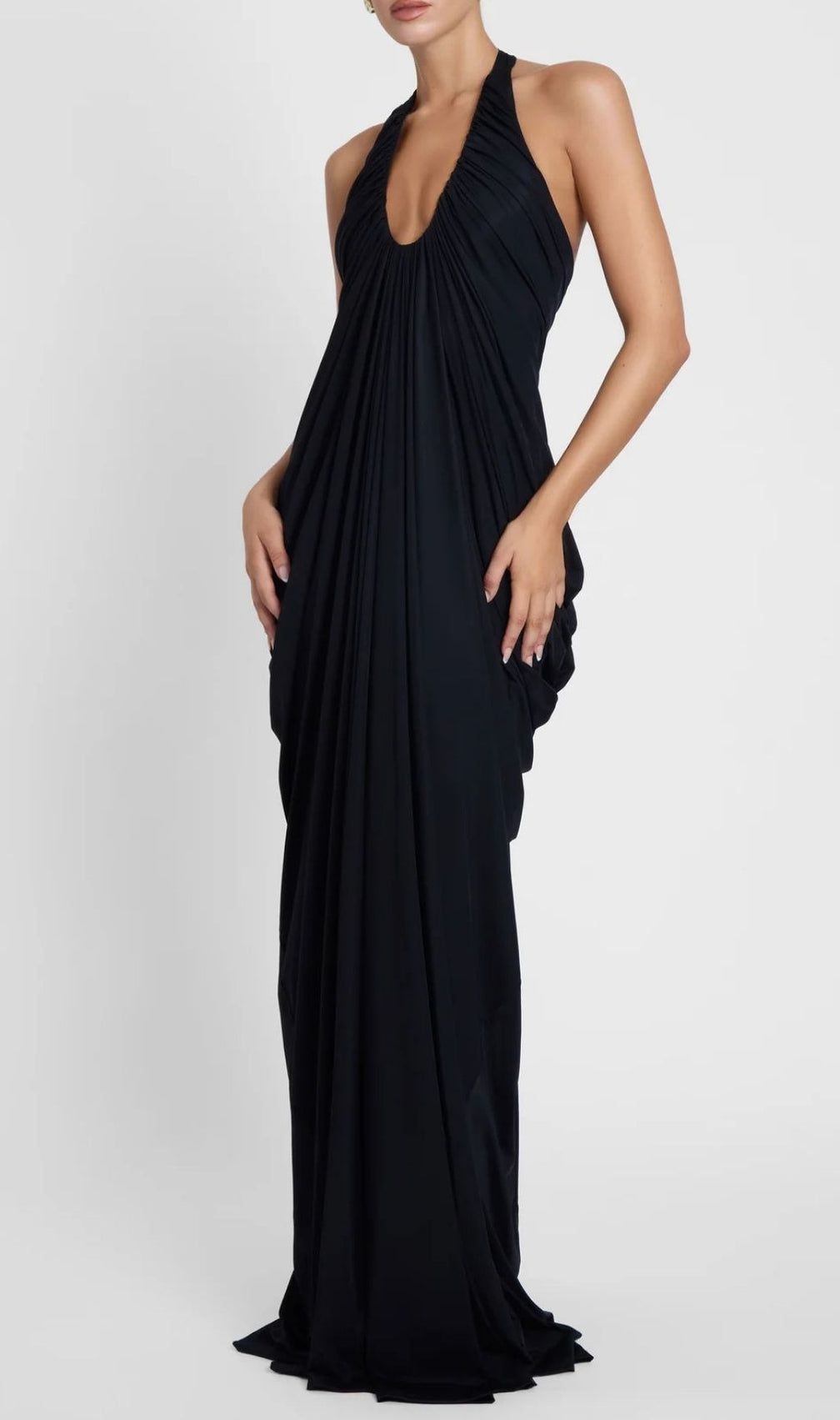 Kenza Black Halter Pleated Maxi Dress | Elegant Evening Gown