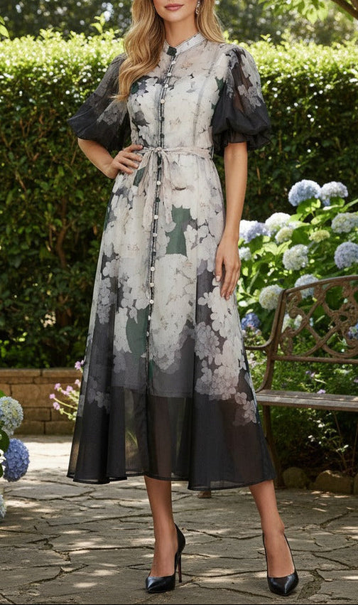 Pink Floral Print Mandarin Collar Chiffon Maxi Dress
