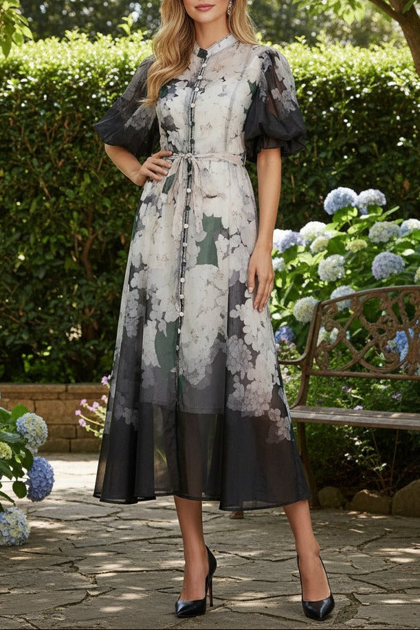 Pink Floral Print Mandarin Collar Chiffon Maxi Dress