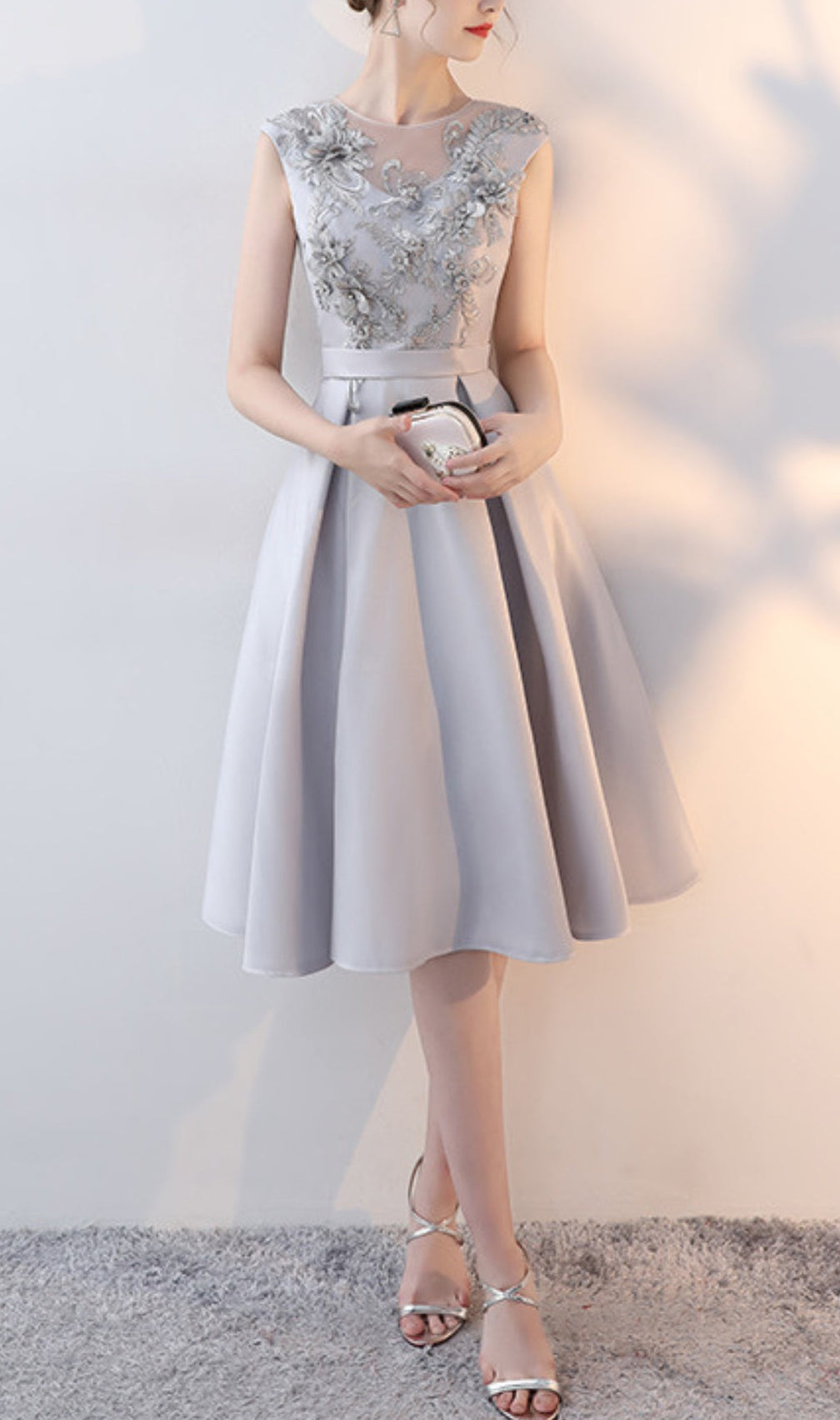 Gray Lace Appliqué Midi Dress