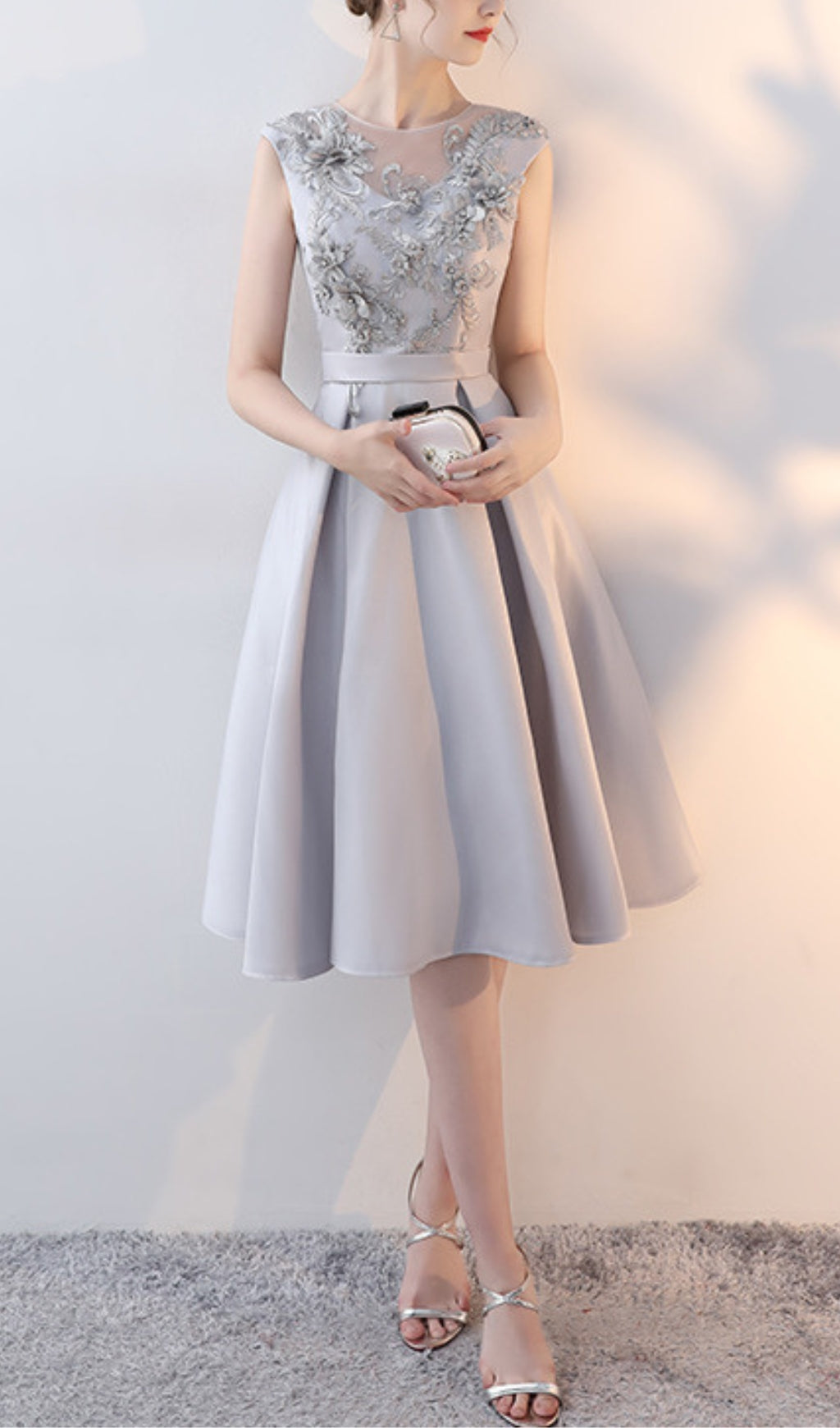 Gray Lace Appliqué Midi Dress