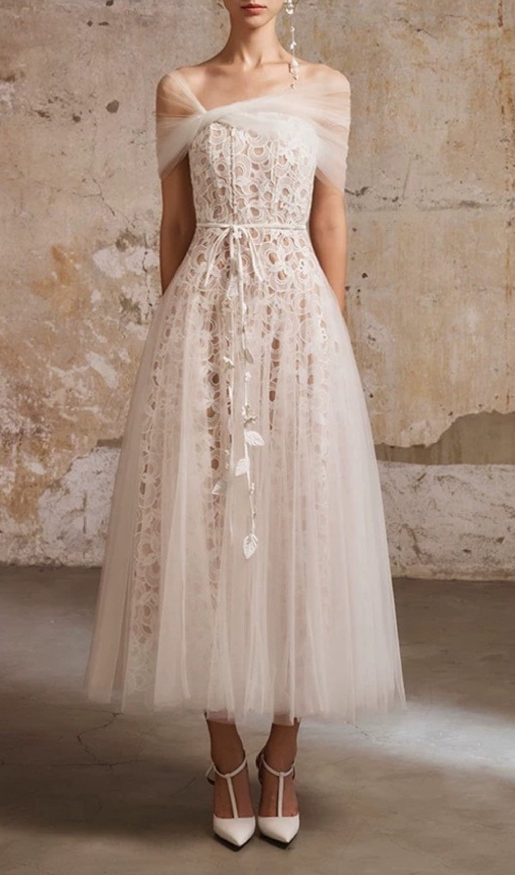 Evette White Mesh Lace Midi Dress